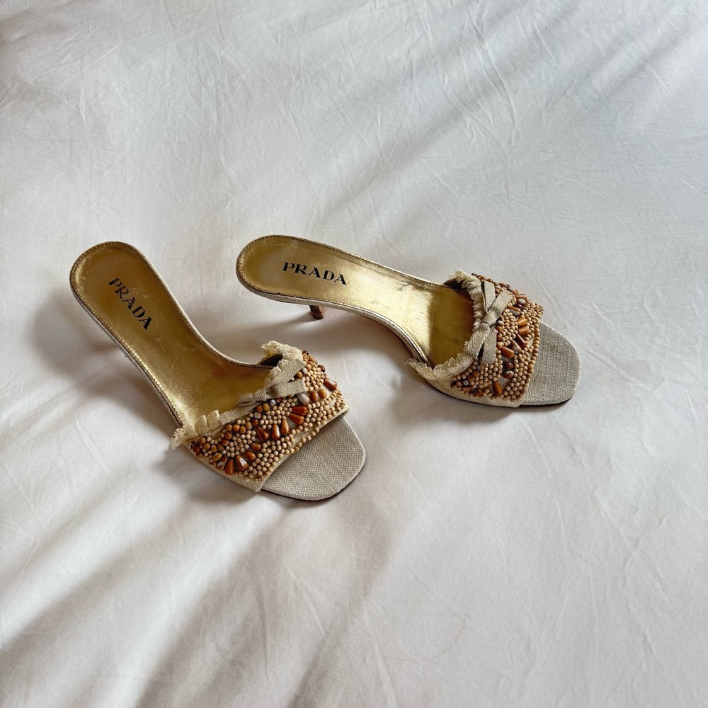 Prada Women's Tan and Gold Beaded Kitten Heels